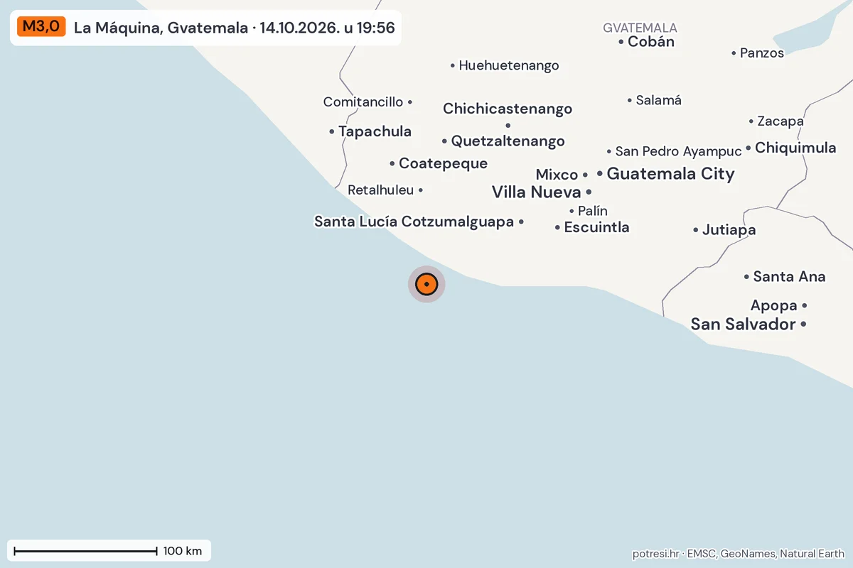 Karta: šire područje, 600 km, potres M3,0, La Máquina, Gvatemala, 14.10.2026.