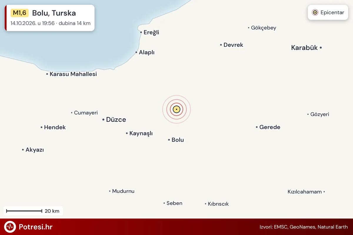 Karta: šire područje i vjerojatni doseg osjeta, potres M1,6, Bolu, Turska, 14.10.2026.