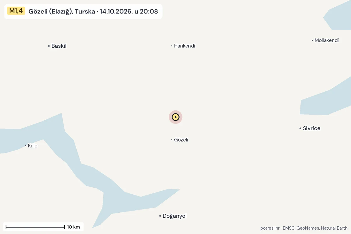 Karta: okolica epicentra, 60 km, potres M1,4, Gözeli (Elazığ), Turska, 14.10.2026.