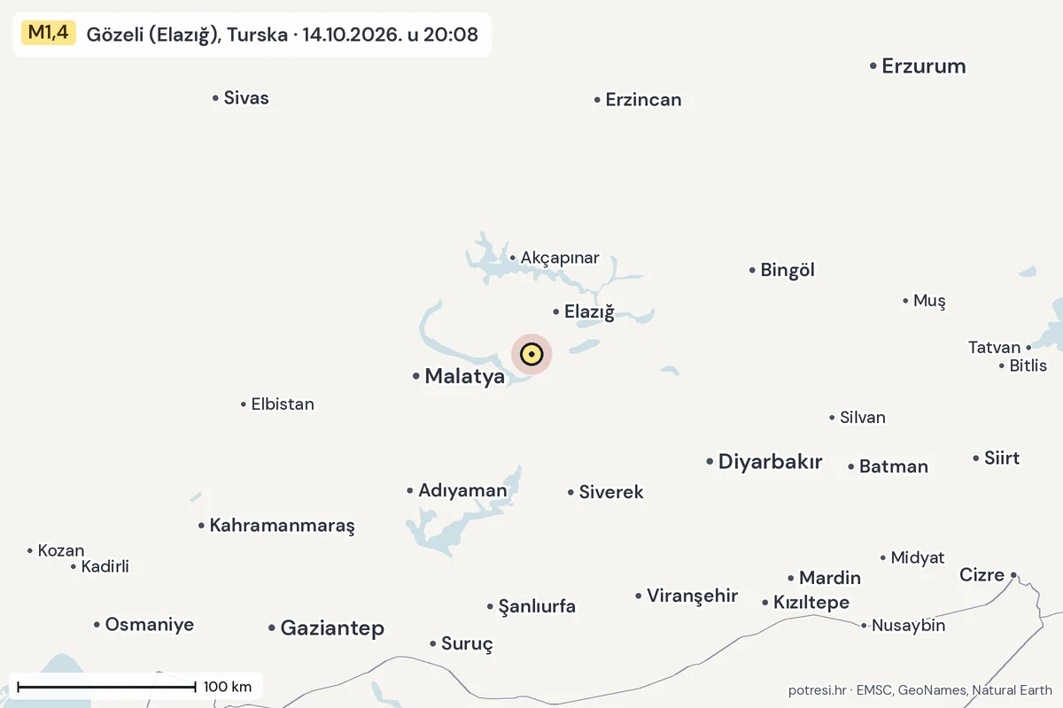Karta: šire područje, 600 km, potres M1,4, Gözeli (Elazığ), Turska, 14.10.2026.