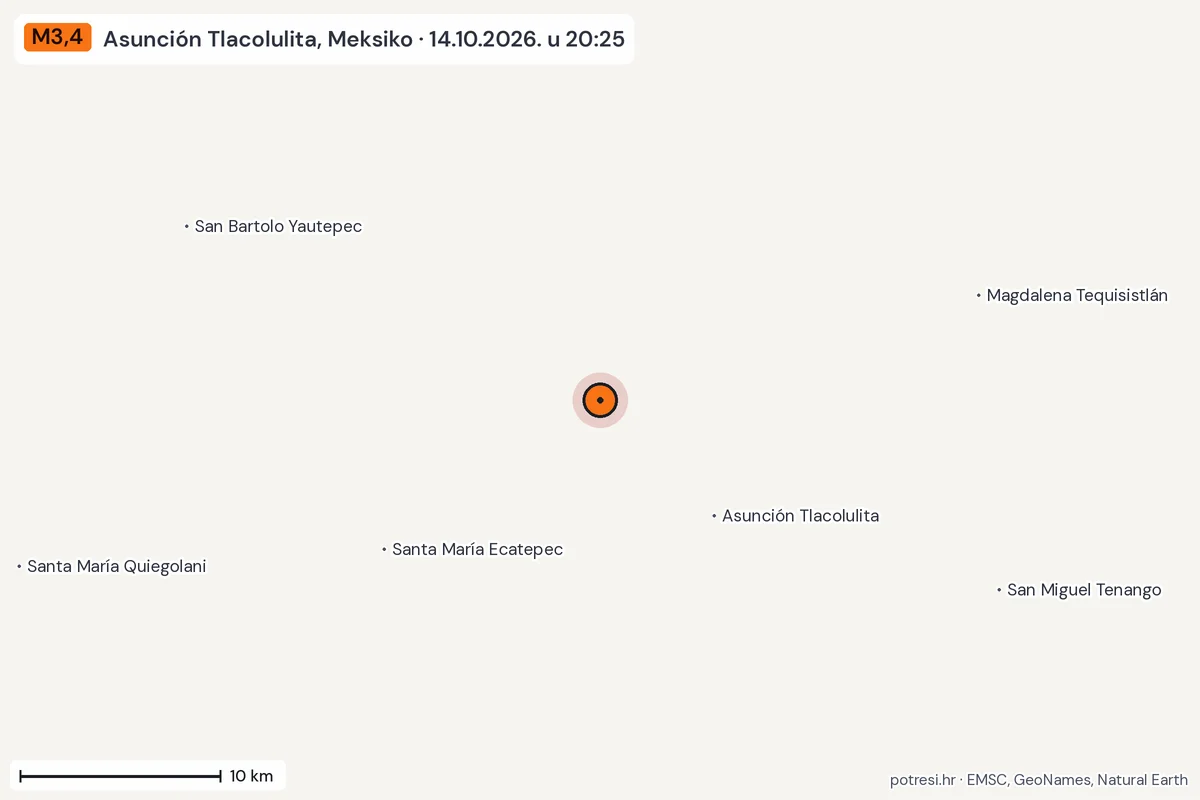 Karta: okolica epicentra, 60 km, potres M3,4, Asunción Tlacolulita, Meksiko, 14.10.2026.