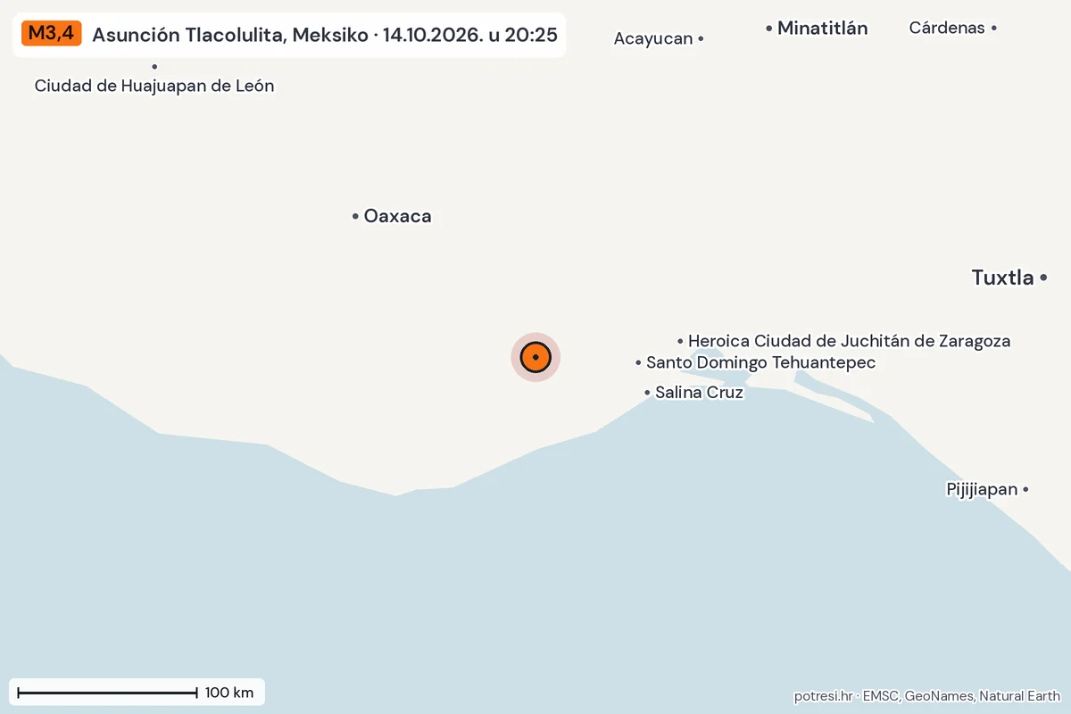 Karta: šire područje, 600 km, potres M3,4, Asunción Tlacolulita, Meksiko, 14.10.2026.