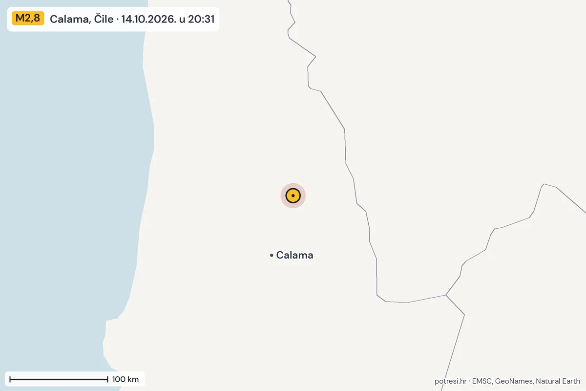 Karta: šire područje, 600 km, potres M2,8, Calama, Čile, 14.10.2026.
