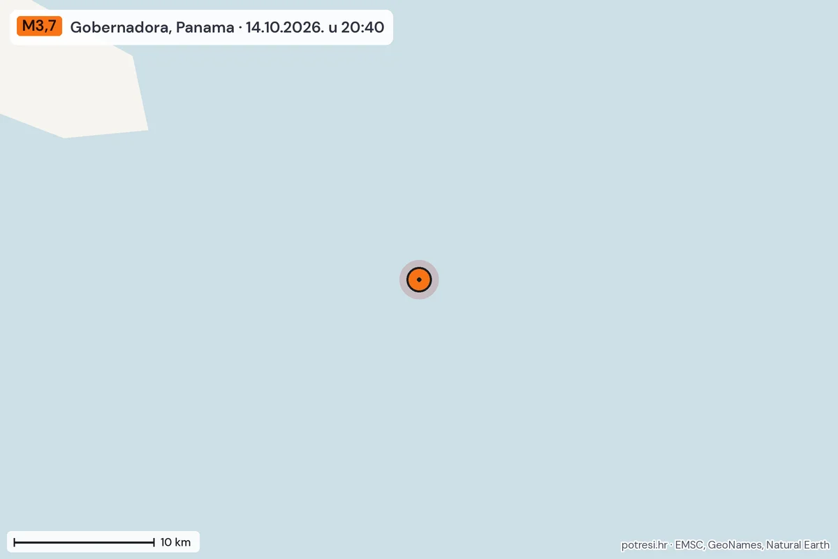 Karta: okolica epicentra, 60 km, potres M3,7, Gobernadora, Panama, 14.10.2026.