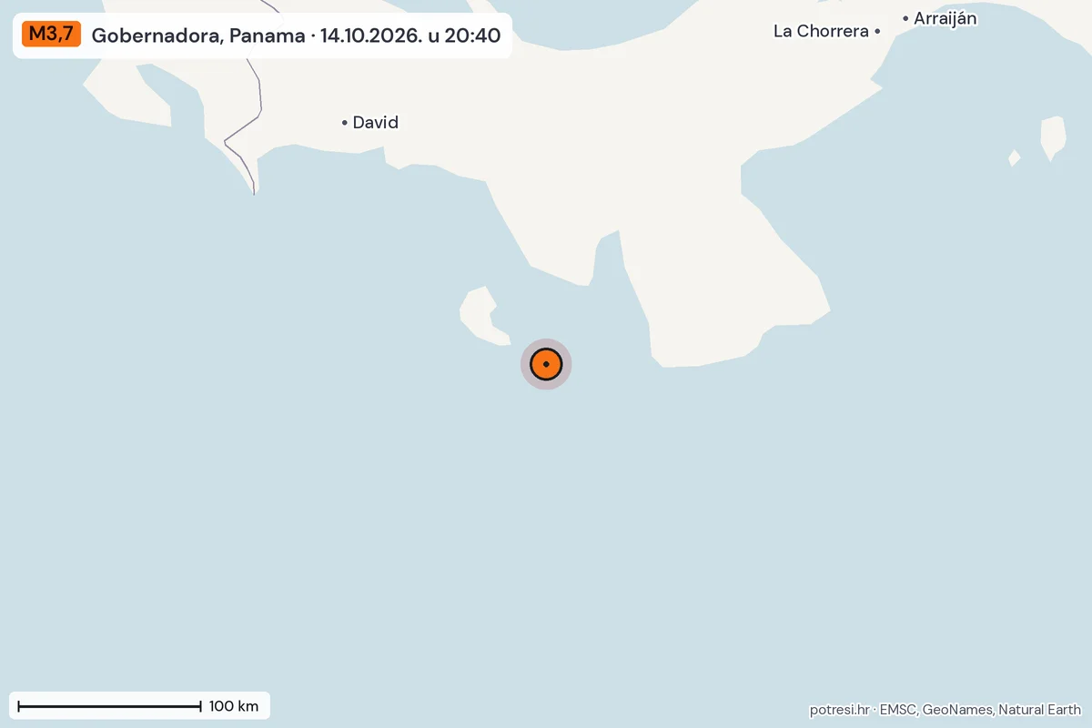 Karta: šire područje, 600 km, potres M3,7, Gobernadora, Panama, 14.10.2026.
