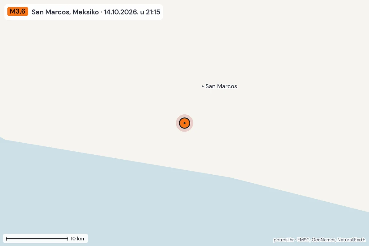 Karta: okolica epicentra, 60 km, potres M3,6, San Marcos, Meksiko, 14.10.2026.