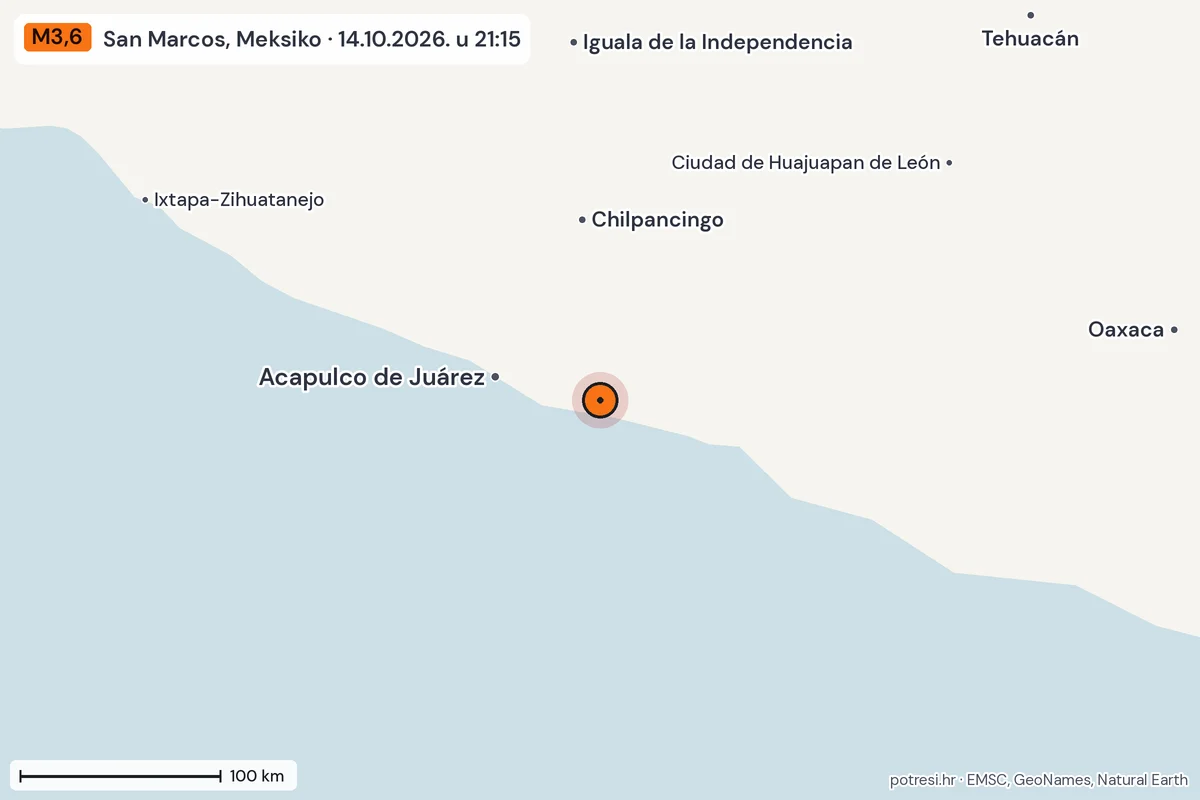 Karta: šire područje, 600 km, potres M3,6, San Marcos, Meksiko, 14.10.2026.
