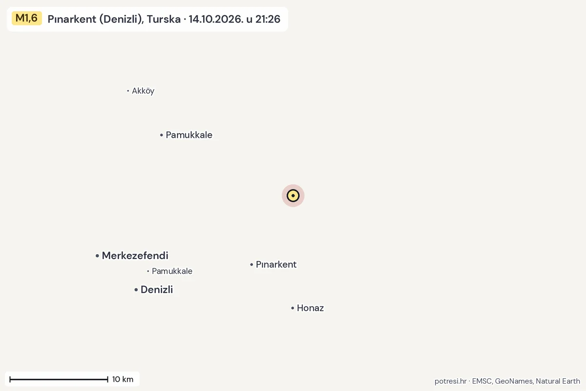 Karta: okolica epicentra, 60 km, potres M1,6, Pınarkent (Denizli), Turska, 14.10.2026.
