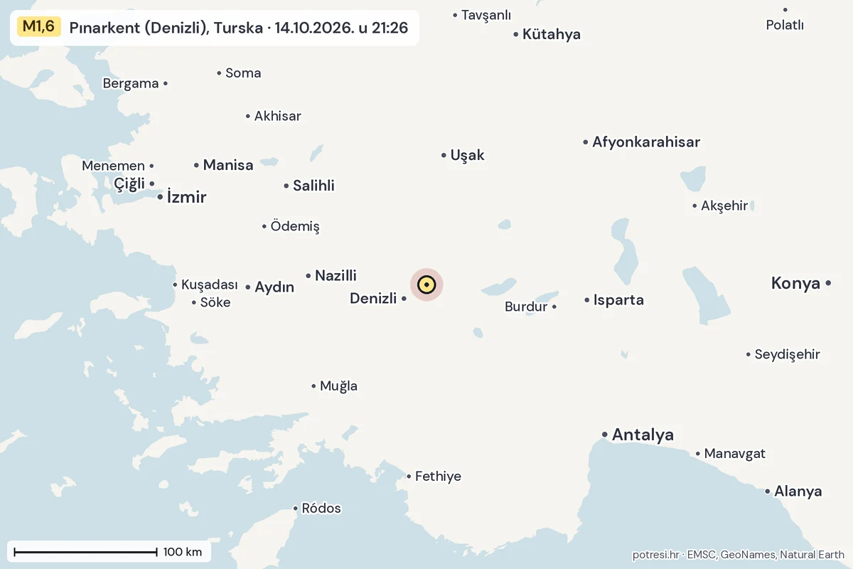 Karta: šire područje, 600 km, potres M1,6, Pınarkent (Denizli), Turska, 14.10.2026.