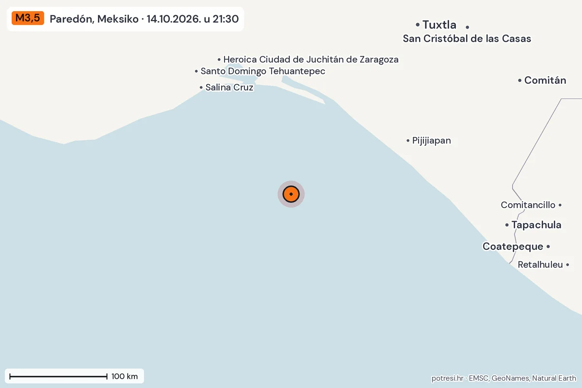 Karta: šire područje, 600 km, potres M3,5, Paredón, Meksiko, 14.10.2026.