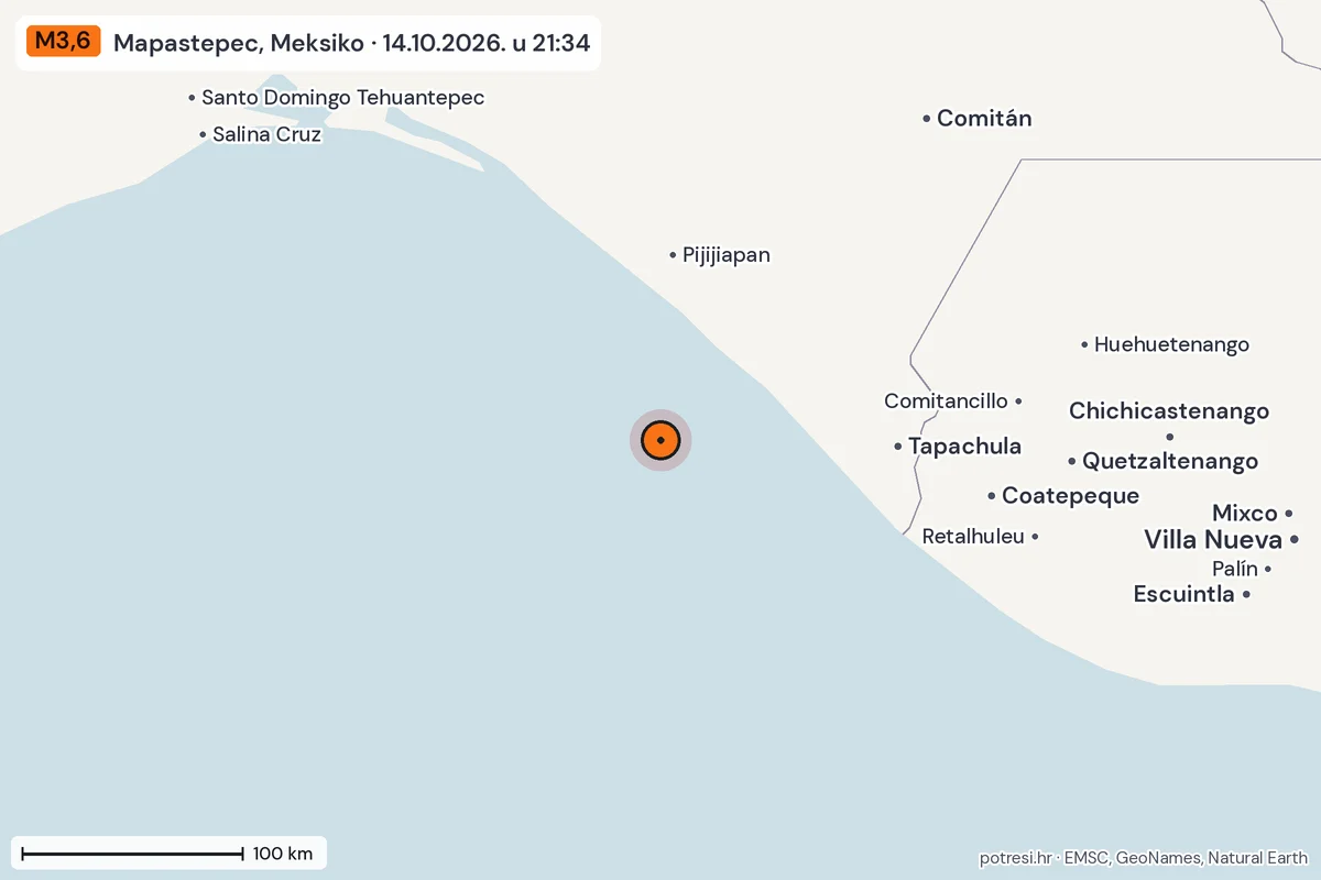 Karta: šire područje, 600 km, potres M3,6, Mapastepec, Meksiko, 14.10.2026.
