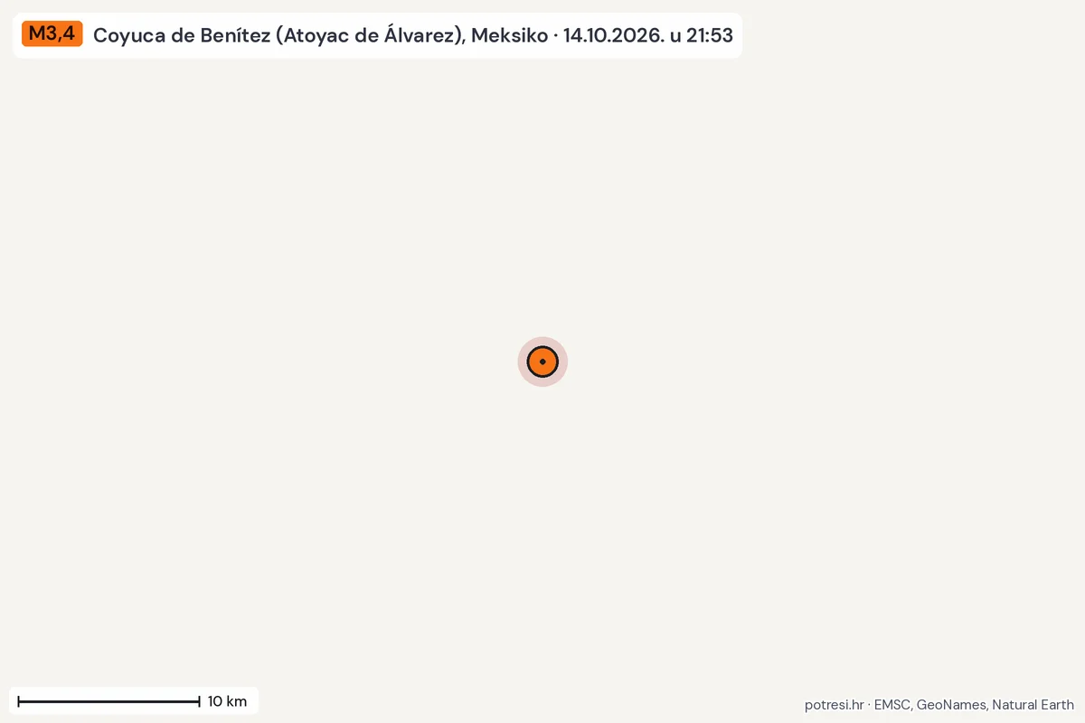 Karta: okolica epicentra, 60 km, potres M3,4, Coyuca de Benítez (Atoyac de Álvarez), Meksiko, 14.10.2026.