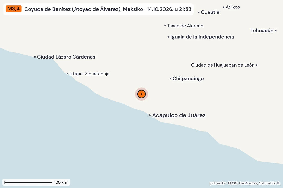 Karta: šire područje, 600 km, potres M3,4, Coyuca de Benítez (Atoyac de Álvarez), Meksiko, 14.10.2026.