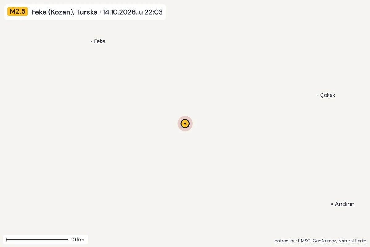 Karta: okolica epicentra, 60 km, potres M2,5, Feke (Kozan), Turska, 14.10.2026.