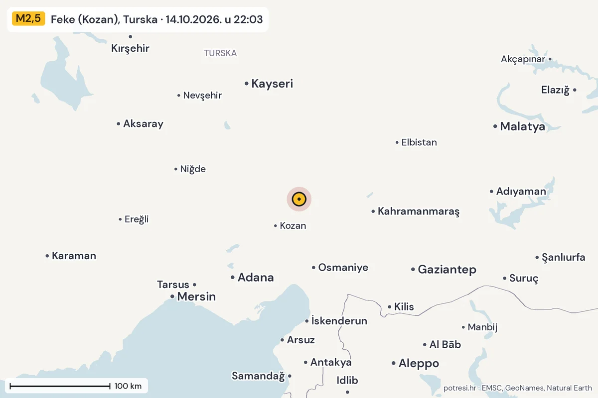 Karta: šire područje, 600 km, potres M2,5, Feke (Kozan), Turska, 14.10.2026.