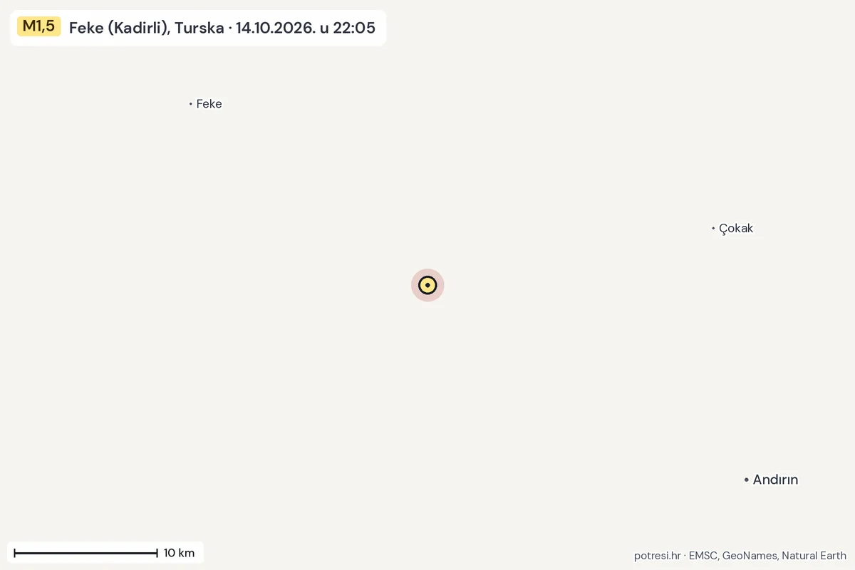Karta: okolica epicentra, 60 km, potres M1,5, Feke (Kadirli), Turska, 14.10.2026.