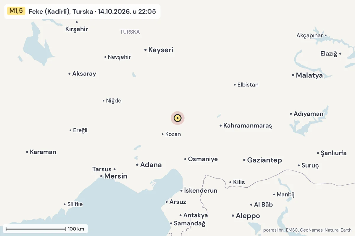 Karta: šire područje, 600 km, potres M1,5, Feke (Kadirli), Turska, 14.10.2026.