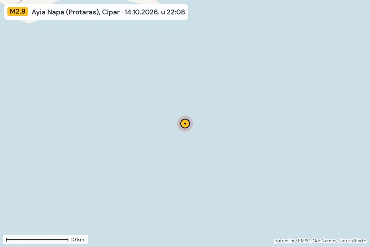 Karta: okolica epicentra, 60 km, potres M2,9, Ayia Napa (Protaras), Cipar, 14.10.2026.