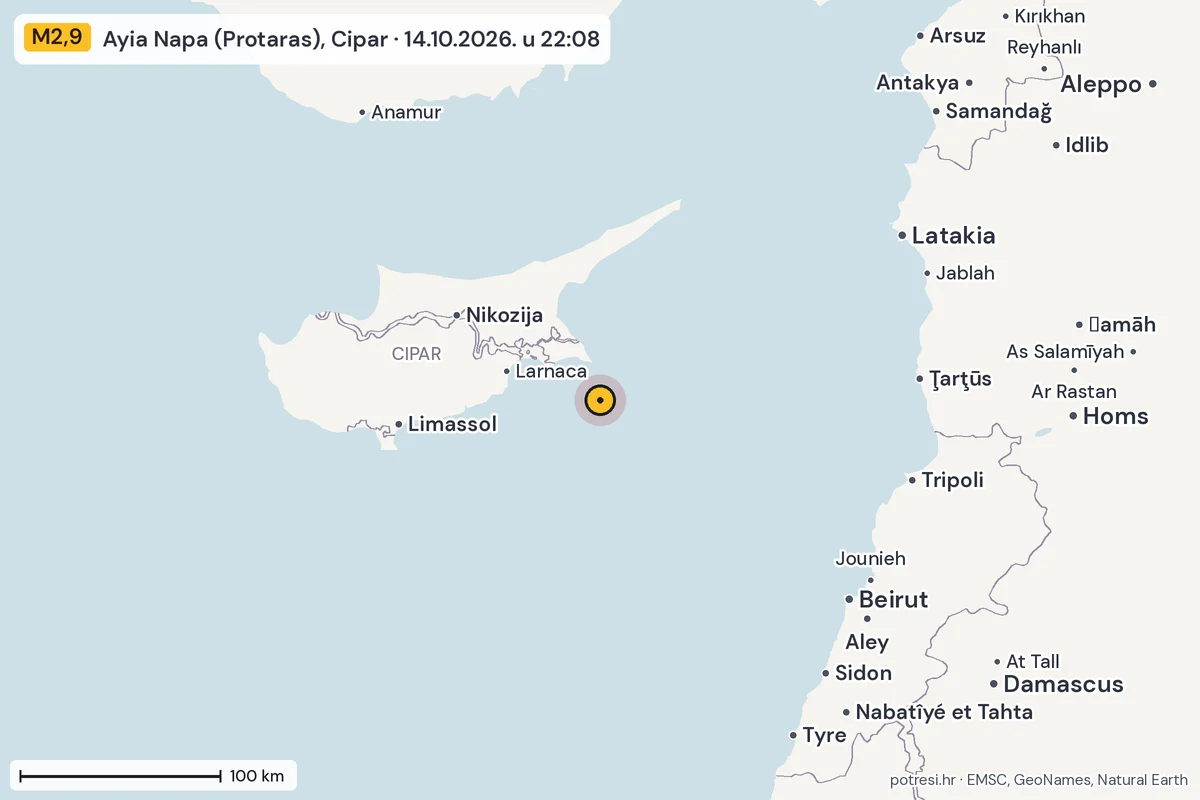 Karta: šire područje, 600 km, potres M2,9, Ayia Napa (Protaras), Cipar, 14.10.2026.