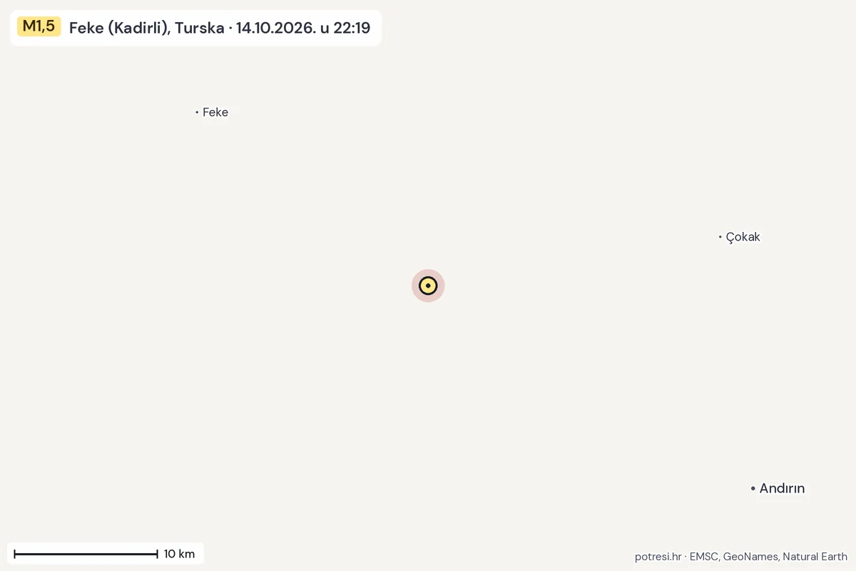 Karta: okolica epicentra, 60 km, potres M1,5, Feke (Kadirli), Turska, 14.10.2026.