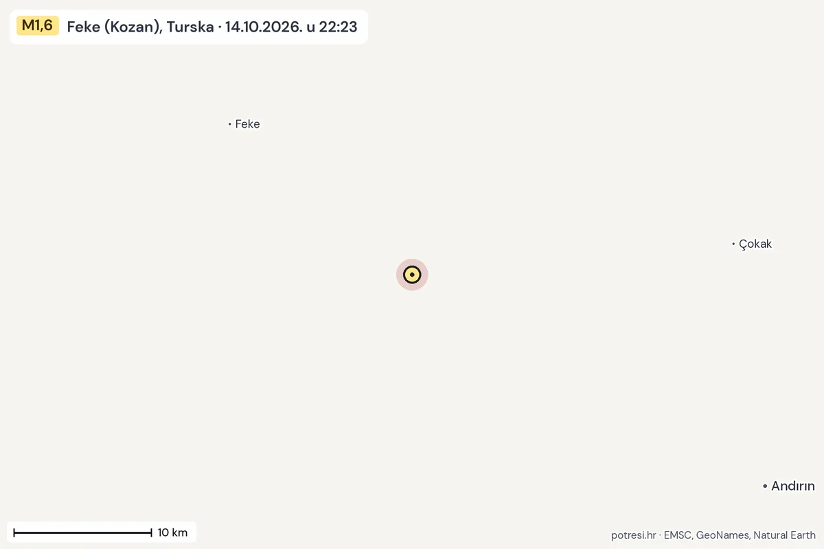 Karta: okolica epicentra, 60 km, potres M1,6, Feke (Kozan), Turska, 14.10.2026.