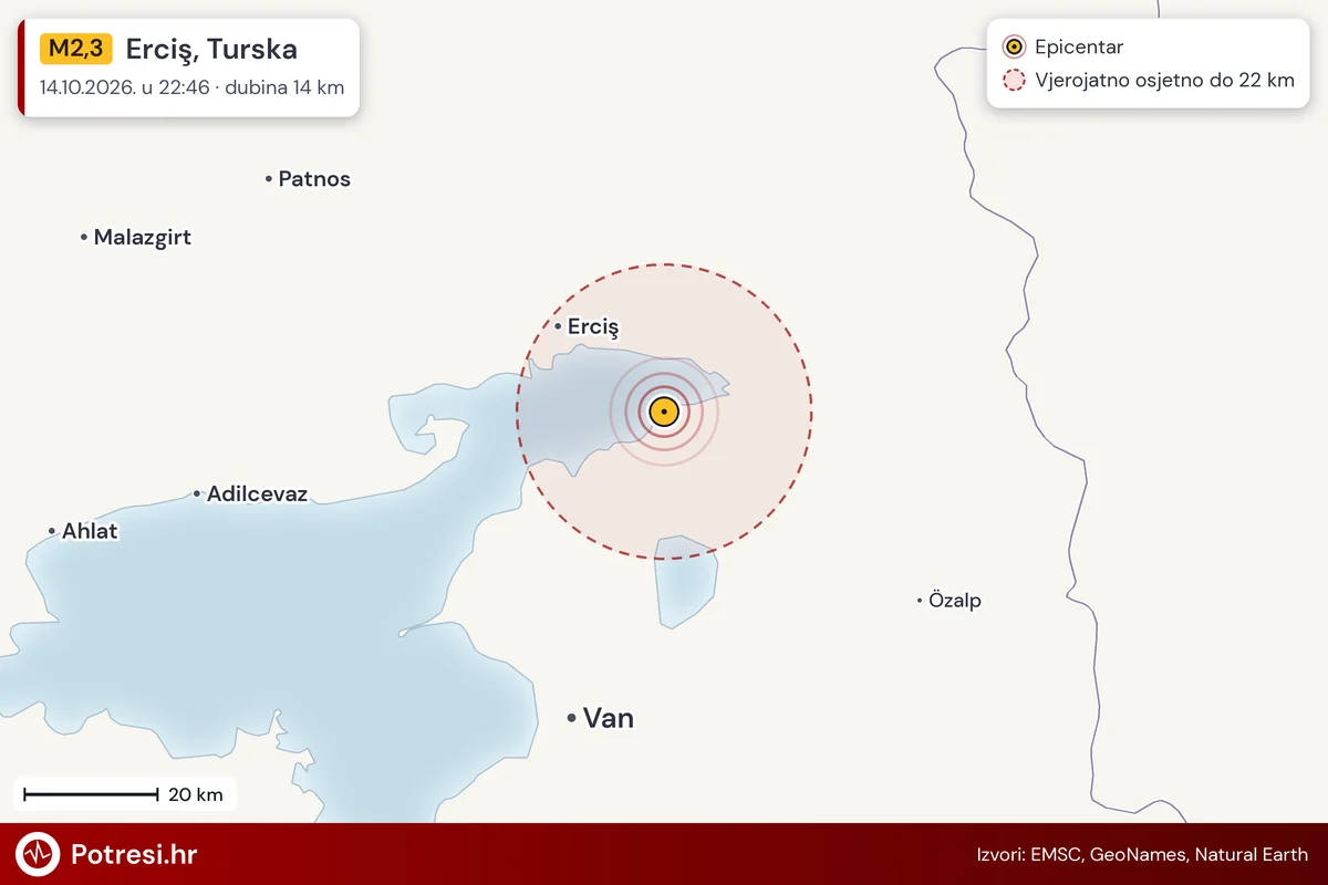 Karta: šire područje i vjerojatni doseg osjeta, potres M2,3, Erciş, Turska, 14.10.2026.