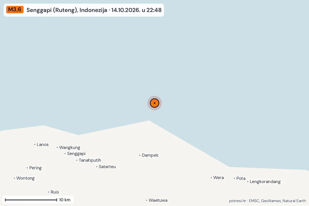 Karta: okolica epicentra, 60 km, potres M3,6, Senggapi (Ruteng), Indonezija, 14.10.2026.