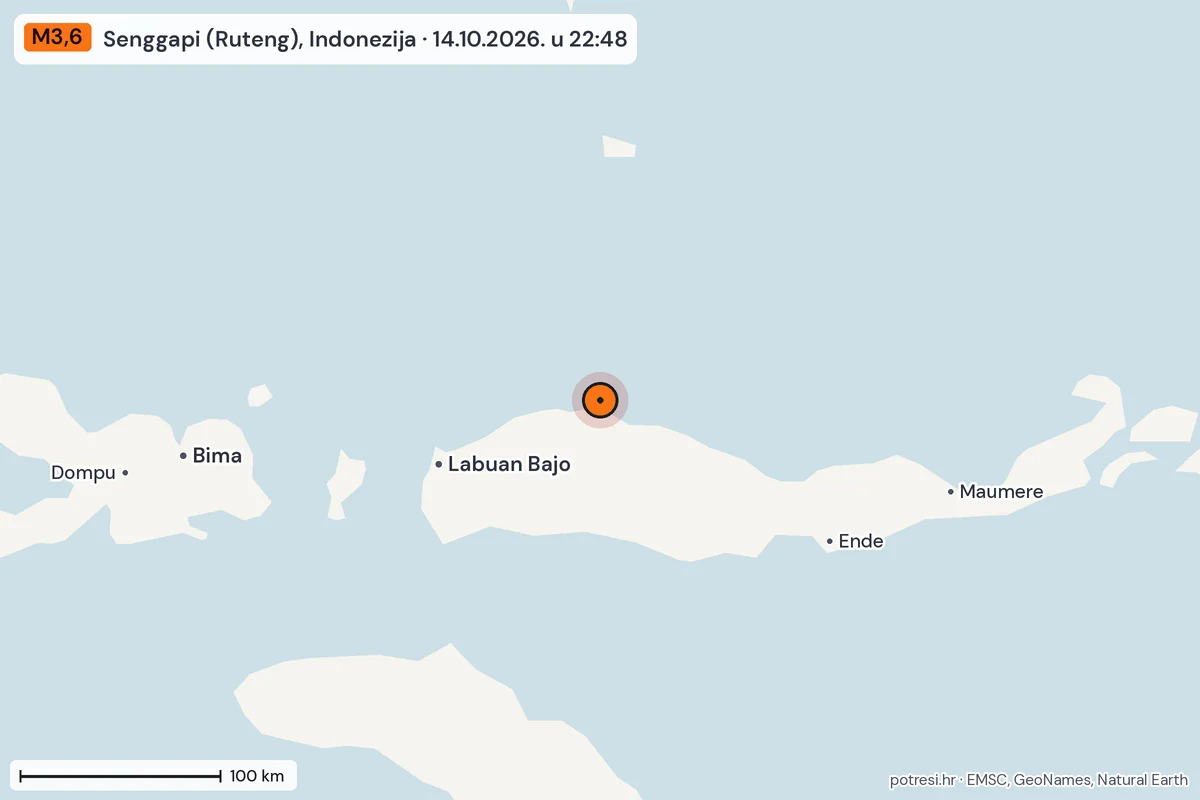 Karta: šire područje, 600 km, potres M3,6, Senggapi (Ruteng), Indonezija, 14.10.2026.