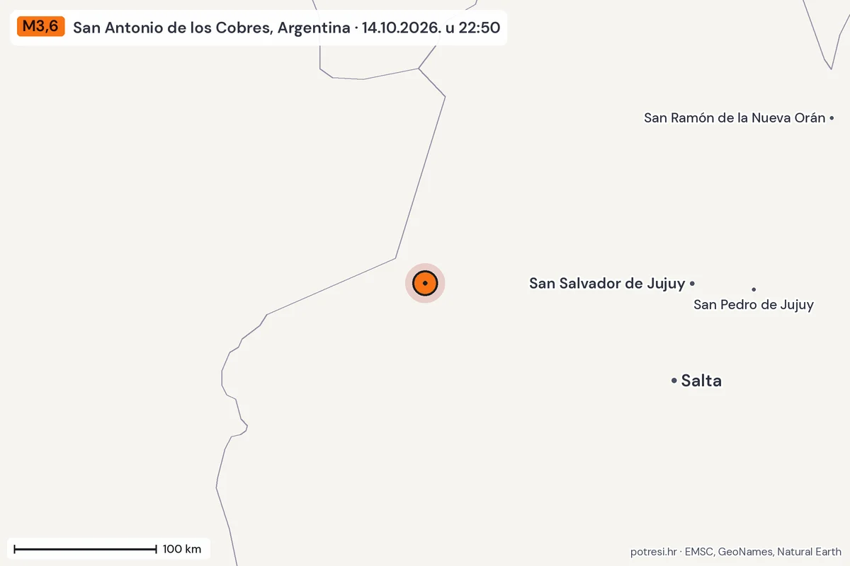 Karta: šire područje, 600 km, potres M3,6, San Antonio de los Cobres, Argentina, 14.10.2026.