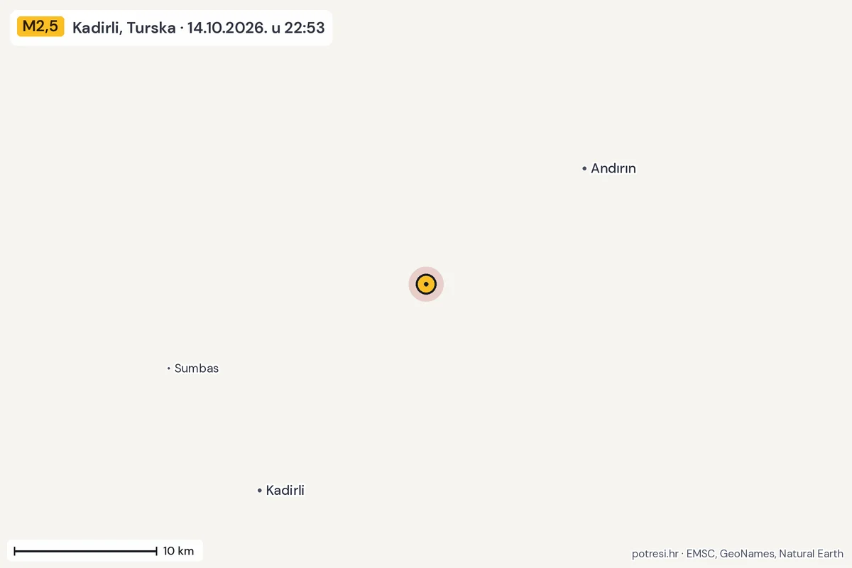 Karta: okolica epicentra, 60 km, potres M2,5, Kadirli, Turska, 14.10.2026.