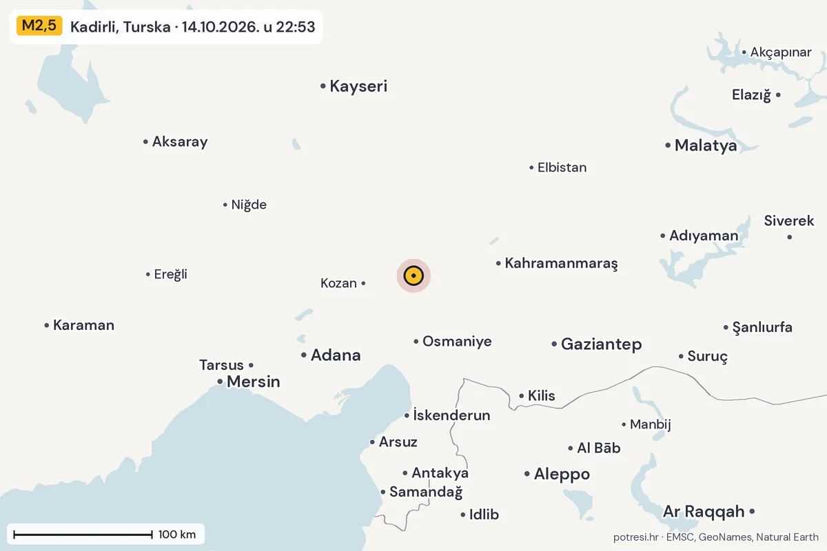 Karta: šire područje, 600 km, potres M2,5, Kadirli, Turska, 14.10.2026.