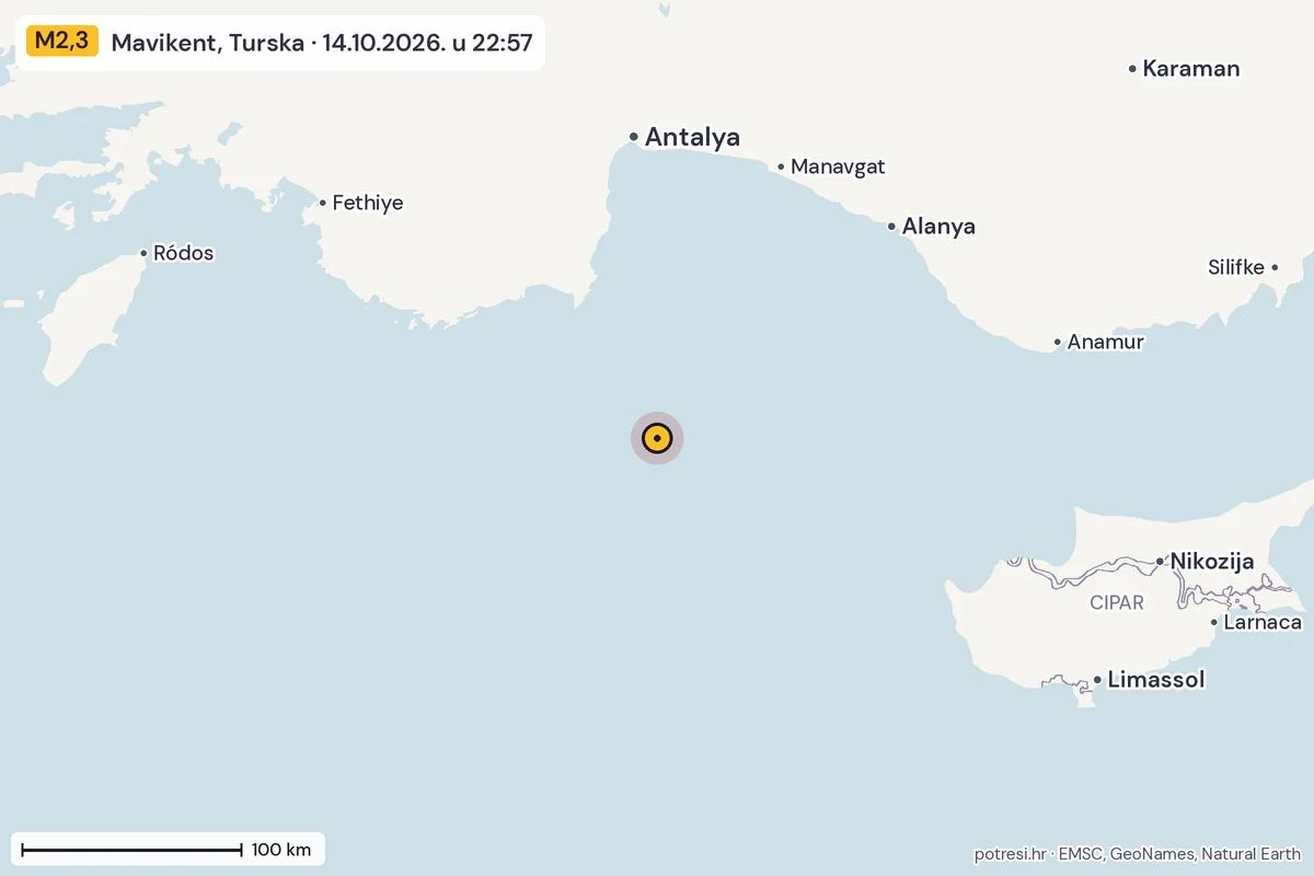 Karta: šire područje, 600 km, potres M2,3, Mavikent, Turska, 14.10.2026.