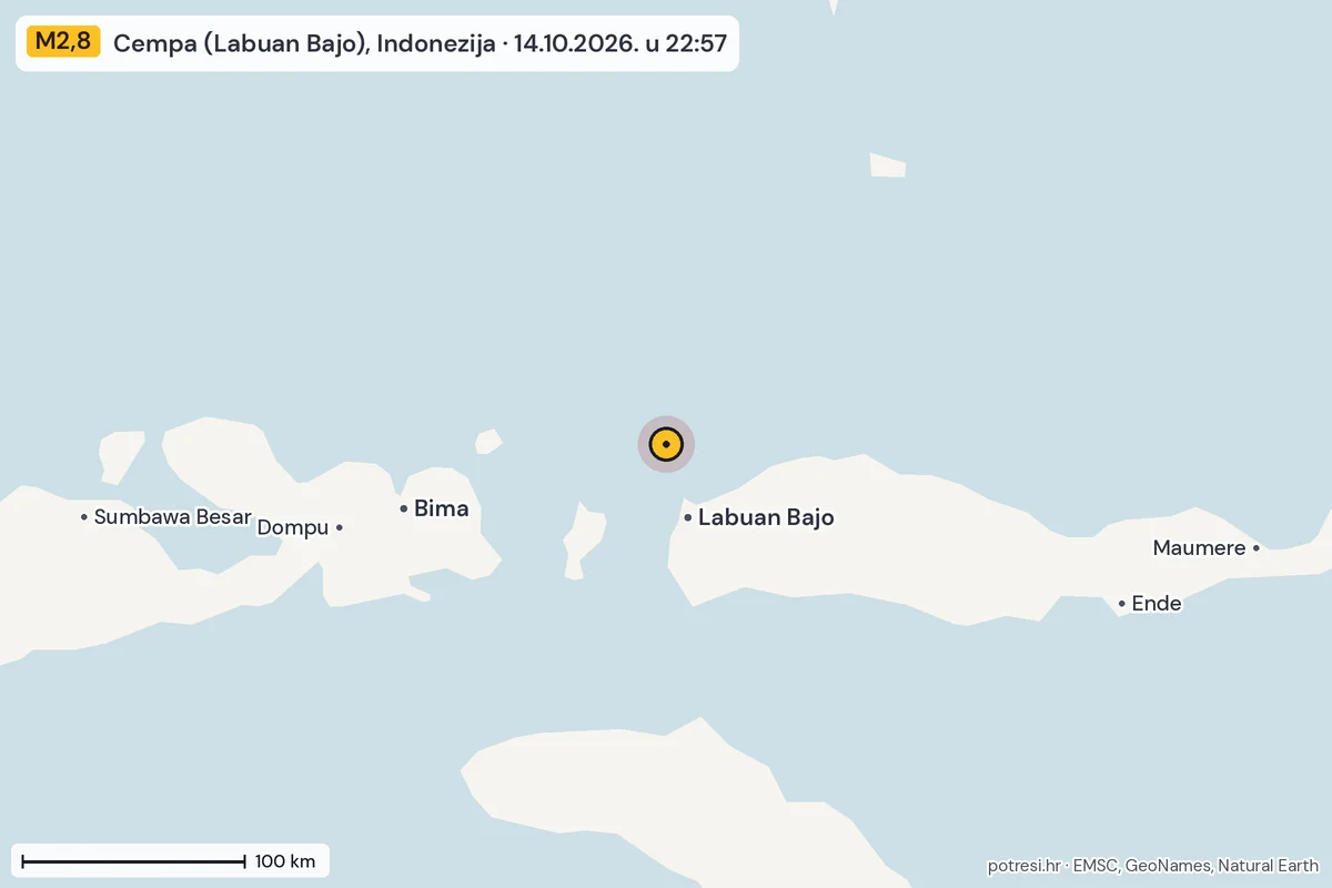 Karta: šire područje, 600 km, potres M2,8, Cempa (Labuan Bajo), Indonezija, 14.10.2026.