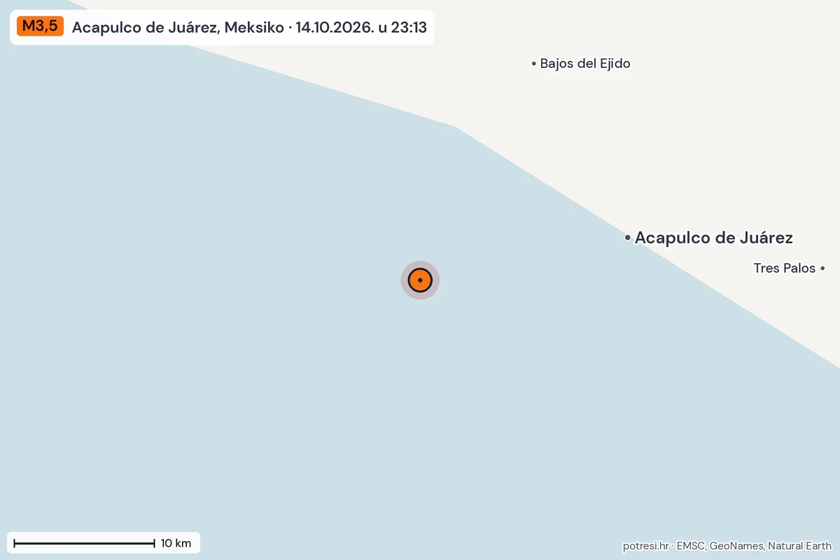Karta: okolica epicentra, 60 km, potres M3,5, Acapulco de Juárez, Meksiko, 14.10.2026.