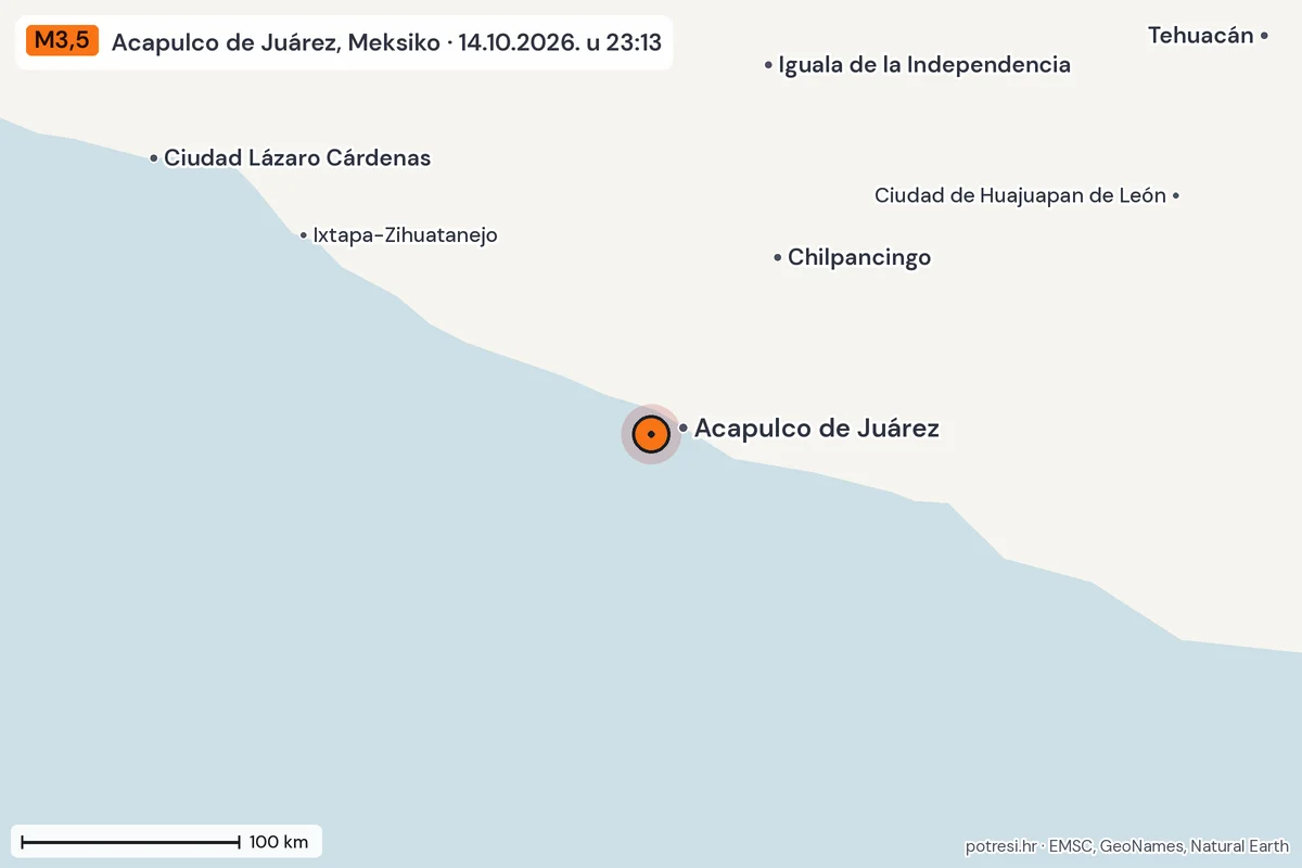 Karta: šire područje, 600 km, potres M3,5, Acapulco de Juárez, Meksiko, 14.10.2026.