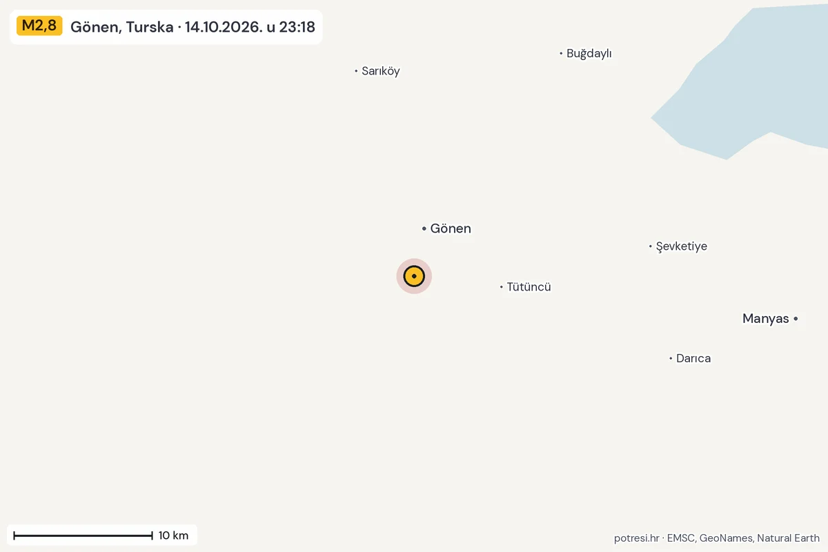 Karta: okolica epicentra, 60 km, potres M2,8, Gönen, Turska, 14.10.2026.