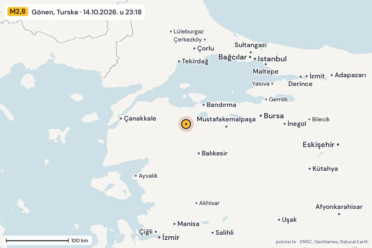 Karta: šire područje, 600 km, potres M2,8, Gönen, Turska, 14.10.2026.