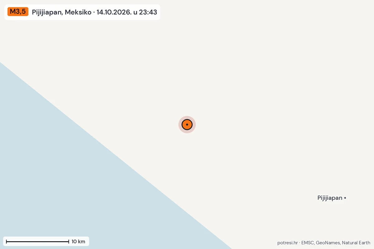 Karta: okolica epicentra, 60 km, potres M3,5, Pijijiapan, Meksiko, 14.10.2026.