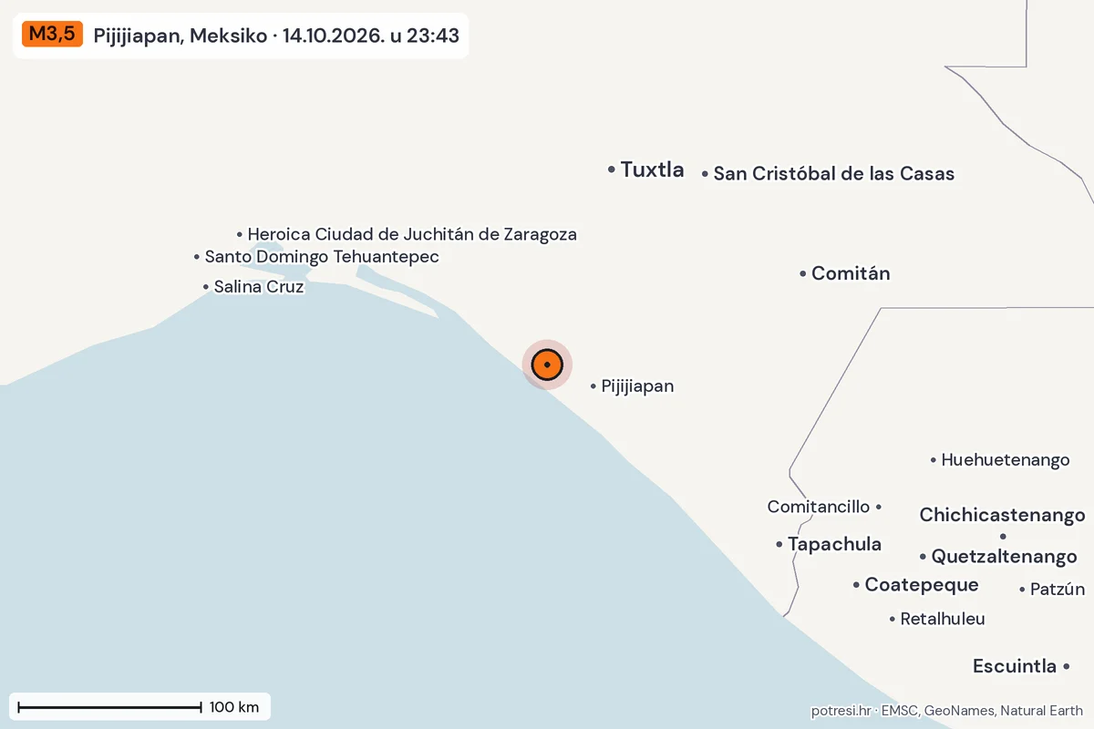 Karta: šire područje, 600 km, potres M3,5, Pijijiapan, Meksiko, 14.10.2026.