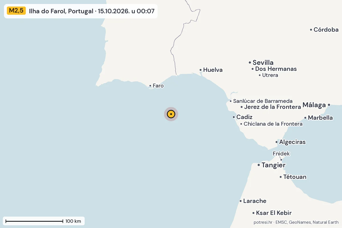 Karta: šire područje, 600 km, potres M2,5, Ilha do Farol, Portugal, 15.10.2026.