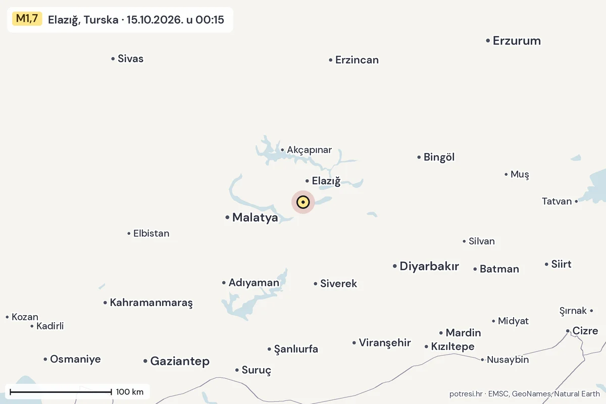Karta: šire područje, 600 km, potres M1,7, Elazığ, Turska, 15.10.2026.