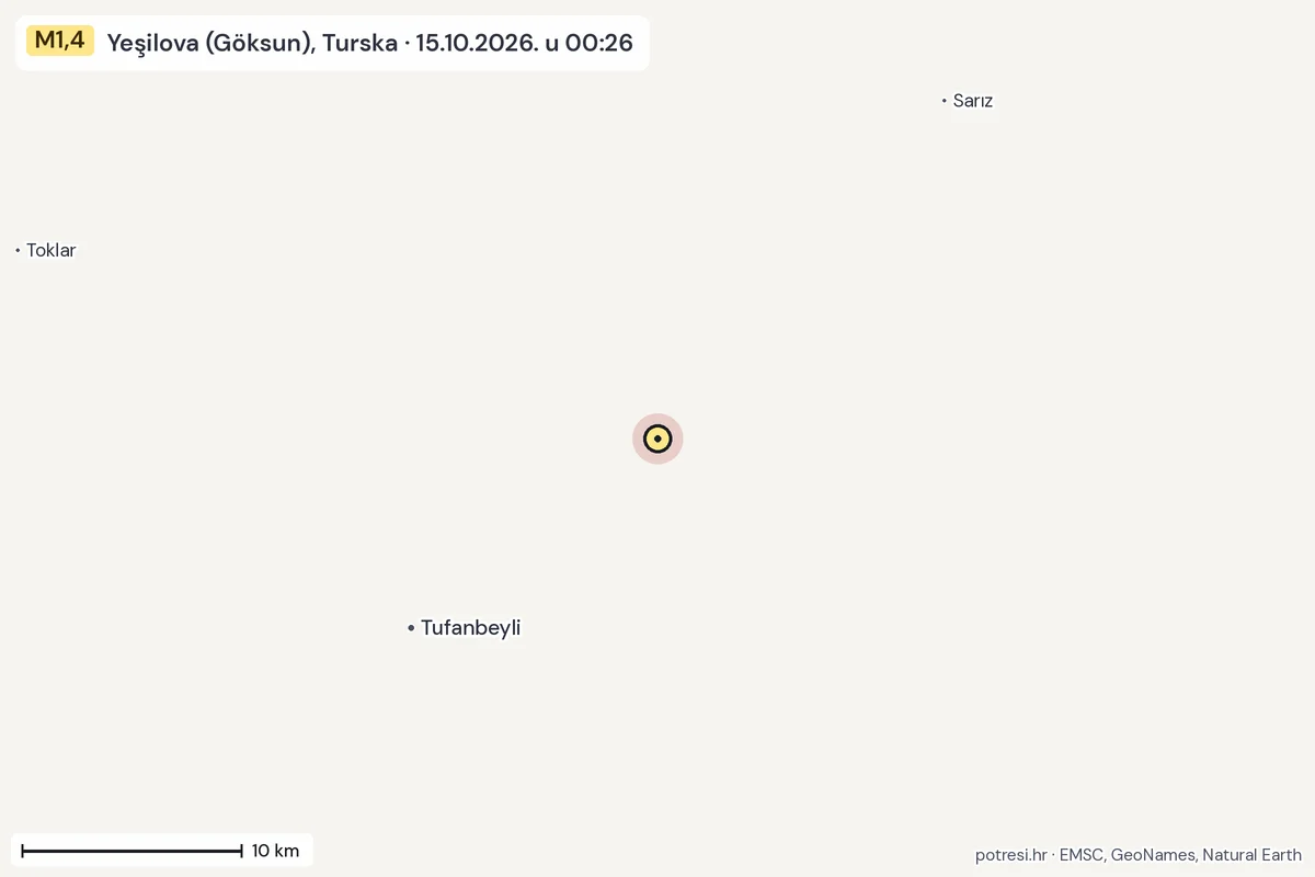 Karta: okolica epicentra, 60 km, potres M1,4, Yeşilova (Göksun), Turska, 15.10.2026.