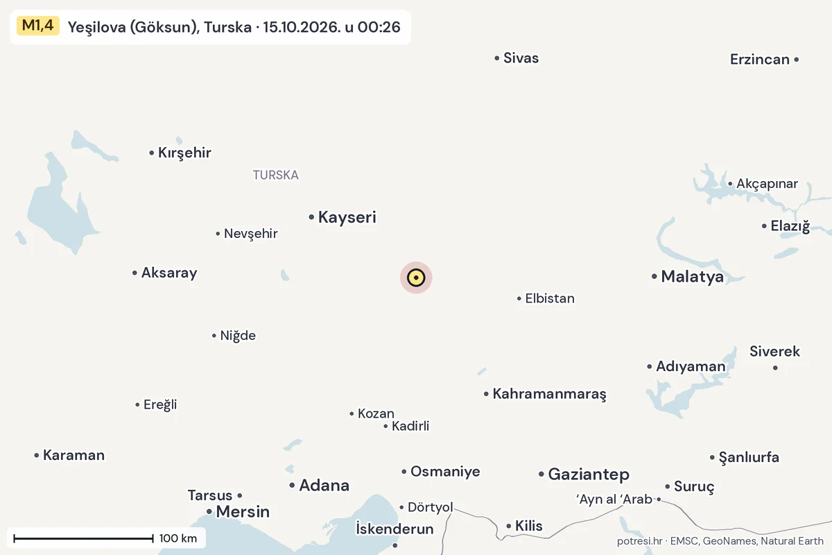 Karta: šire područje, 600 km, potres M1,4, Yeşilova (Göksun), Turska, 15.10.2026.
