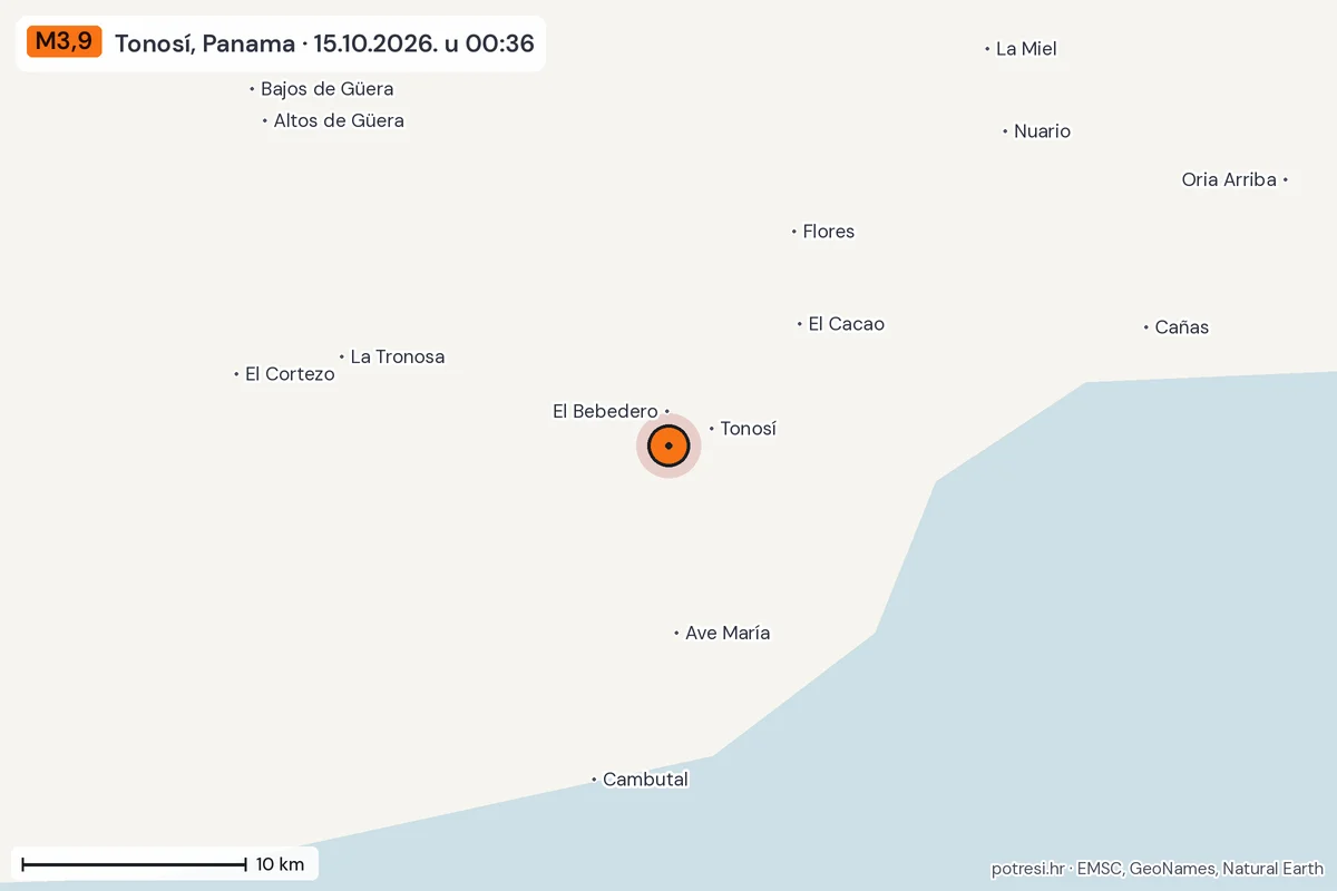 Karta: okolica epicentra, 60 km, potres M3,9, Tonosí, Panama, 15.10.2026.