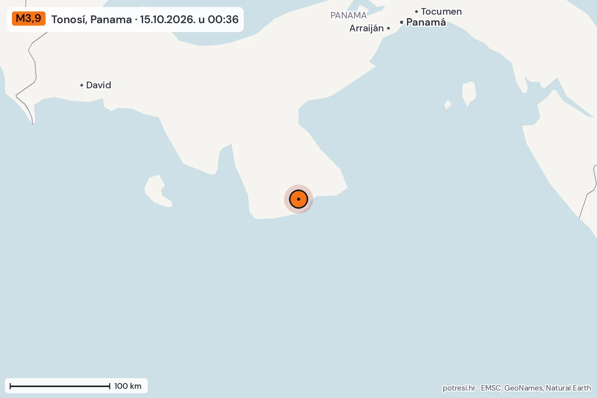 Karta: šire područje, 600 km, potres M3,9, Tonosí, Panama, 15.10.2026.