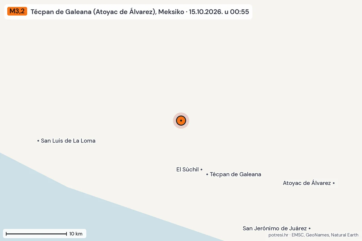 Karta: okolica epicentra, 60 km, potres M3,2, Técpan de Galeana (Atoyac de Álvarez), Meksiko, 15.10.2026.