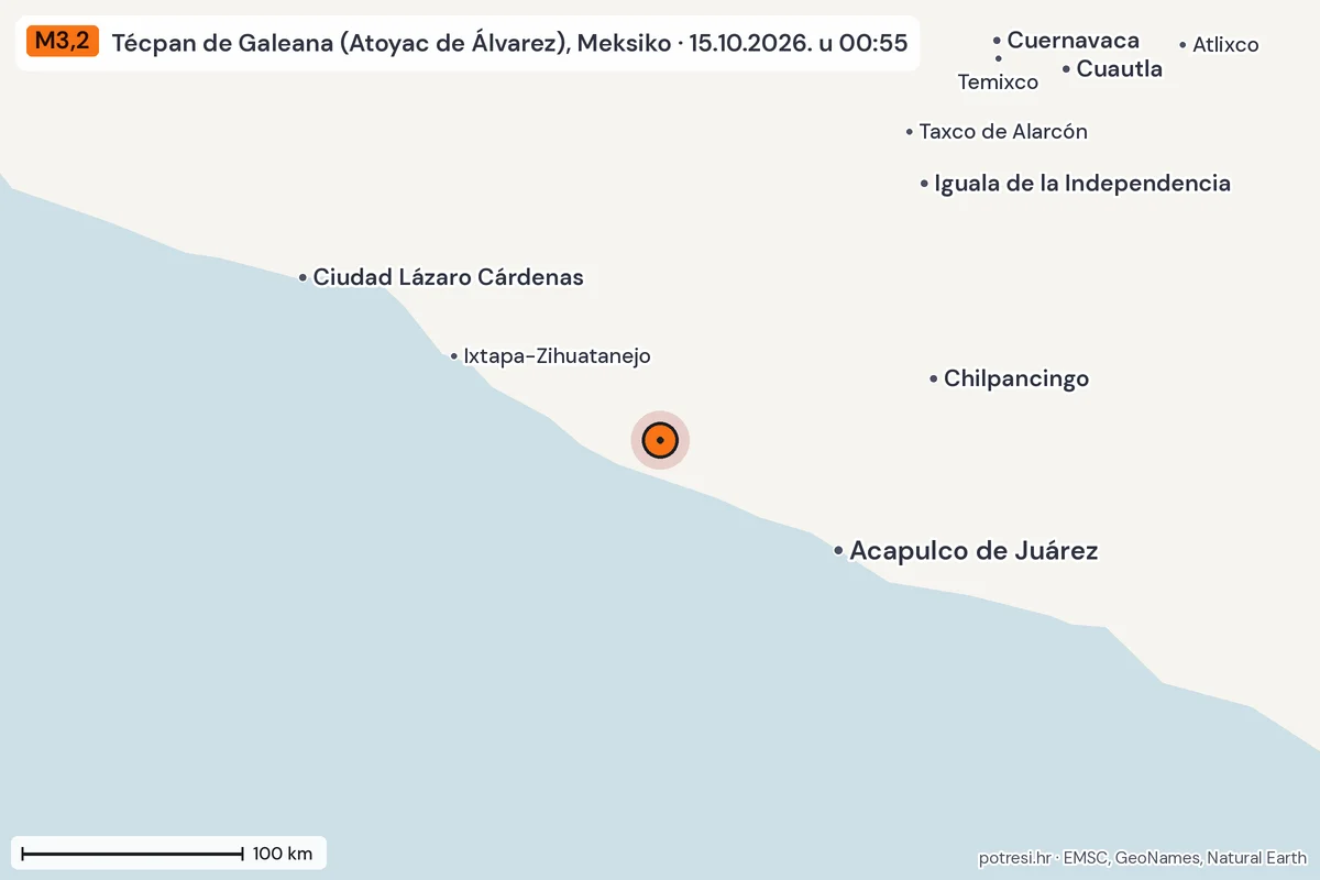 Karta: šire područje, 600 km, potres M3,2, Técpan de Galeana (Atoyac de Álvarez), Meksiko, 15.10.2026.