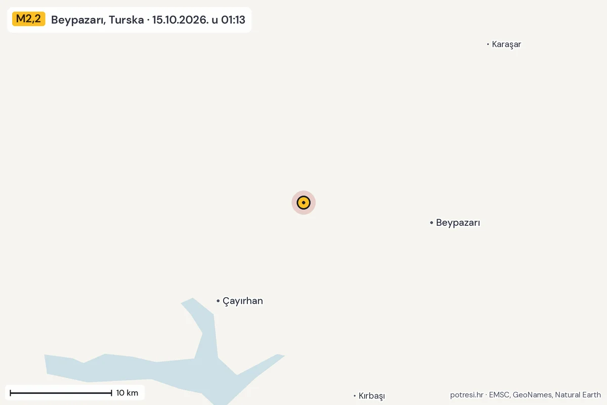 Karta: okolica epicentra, 60 km, potres M2,2, Beypazarı, Turska, 15.10.2026.