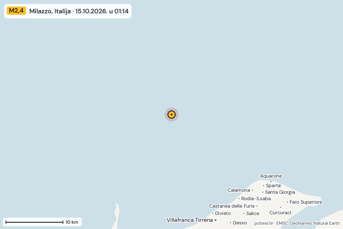 Karta: okolica epicentra, 60 km, potres M2,4, Milazzo, Italija, 15.10.2026.