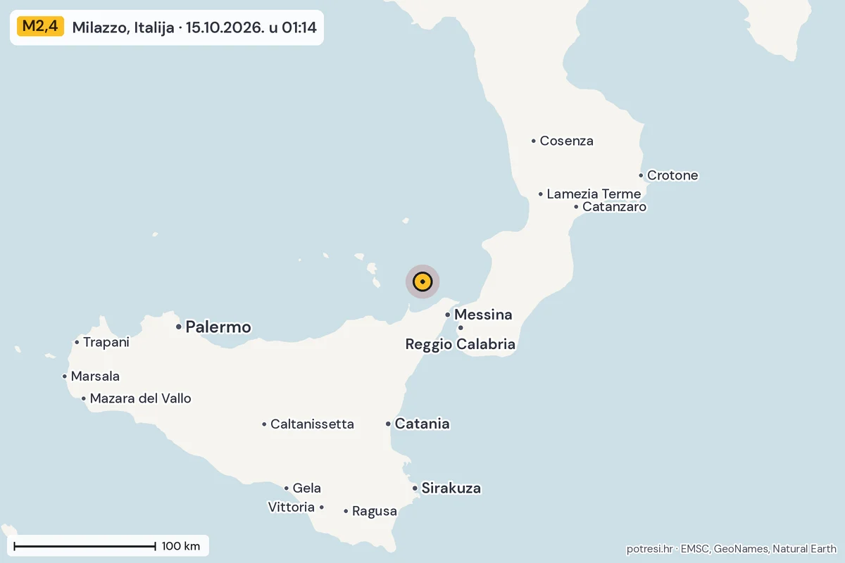 Karta: šire područje, 600 km, potres M2,4, Milazzo, Italija, 15.10.2026.